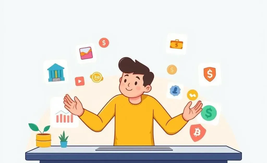An illustration of a person exploring financial tools on a computer.