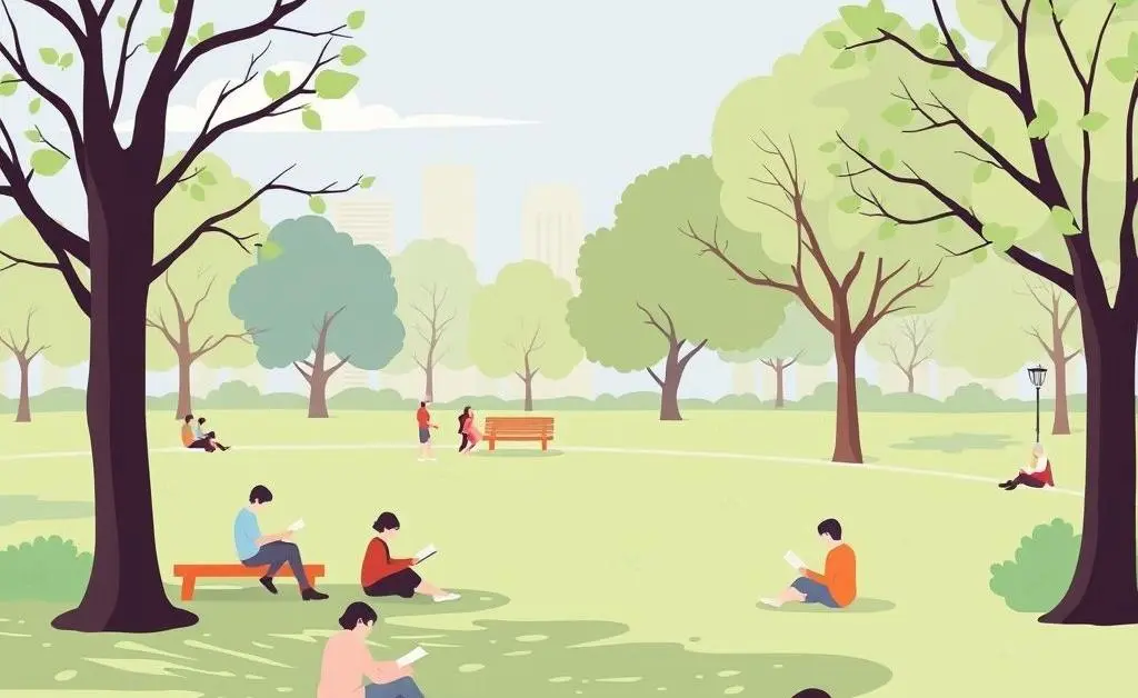 Illustration of people relaxing in a park, representing a balanced lifestyle