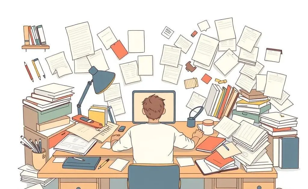 Illustration of a person finding peace amidst a cluttered desk