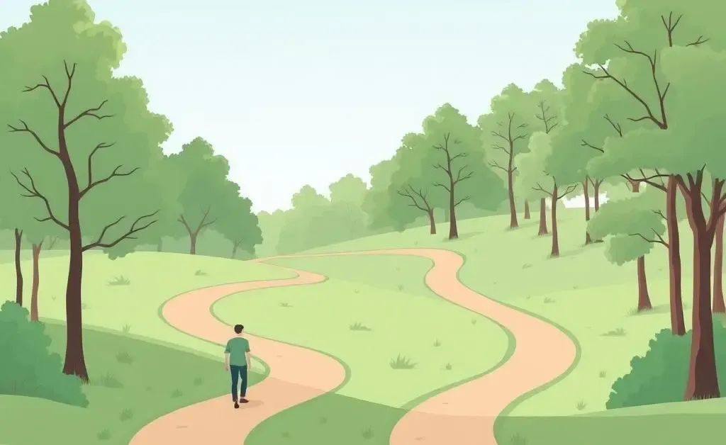 A person walking calmly in a natural setting with forks in the path, symbolizing choice and change.