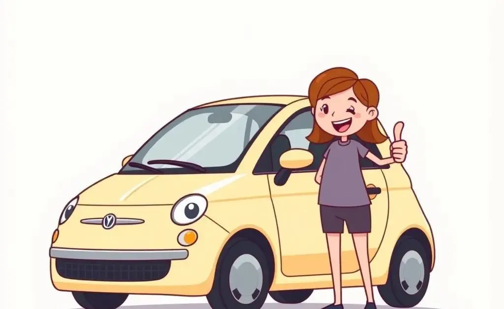 Someone proudly standing next to their first car, looking satisfied