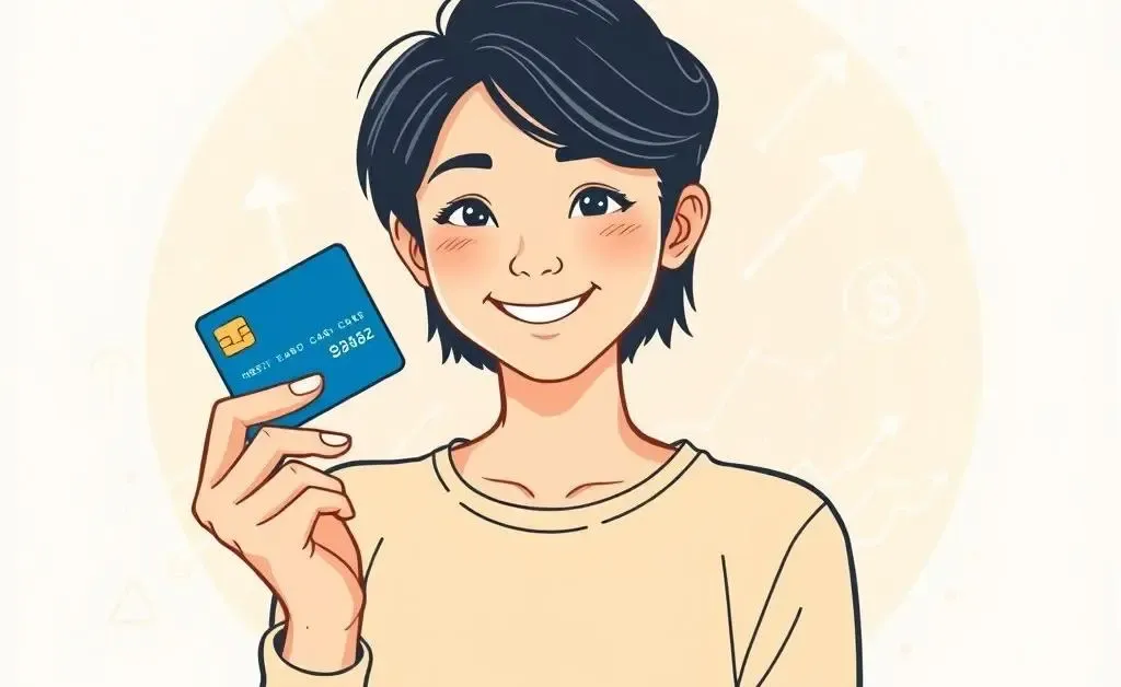 Illustration of a young person holding a credit card confidently.