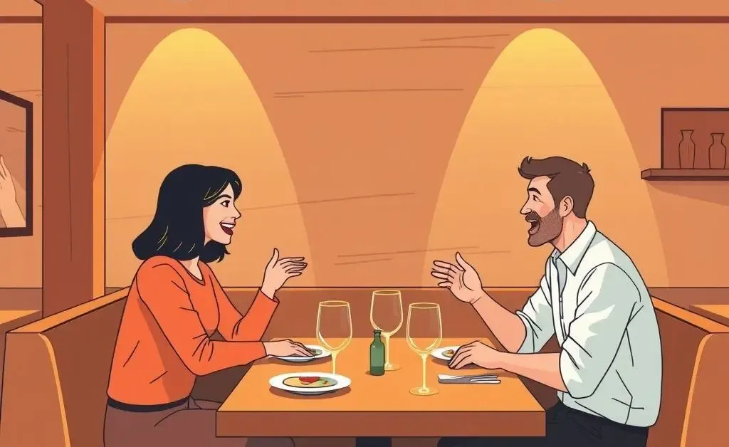 Two people having a lively conversation in a steakhouse.