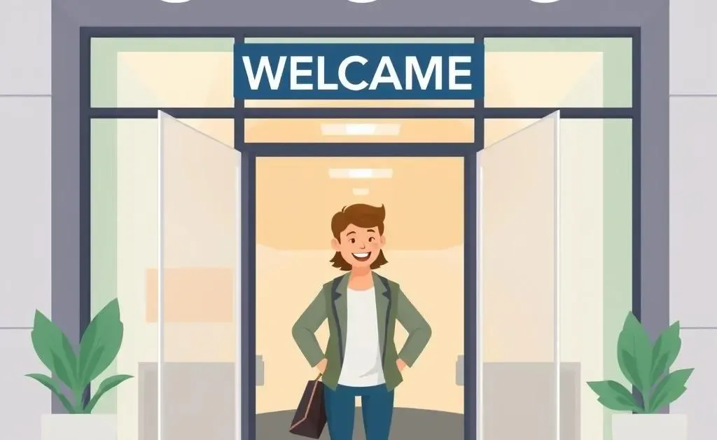 A person confidently entering a modern office building with a smile