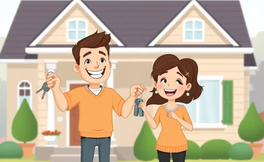 Happy couple in front of their new home with keys in hand.