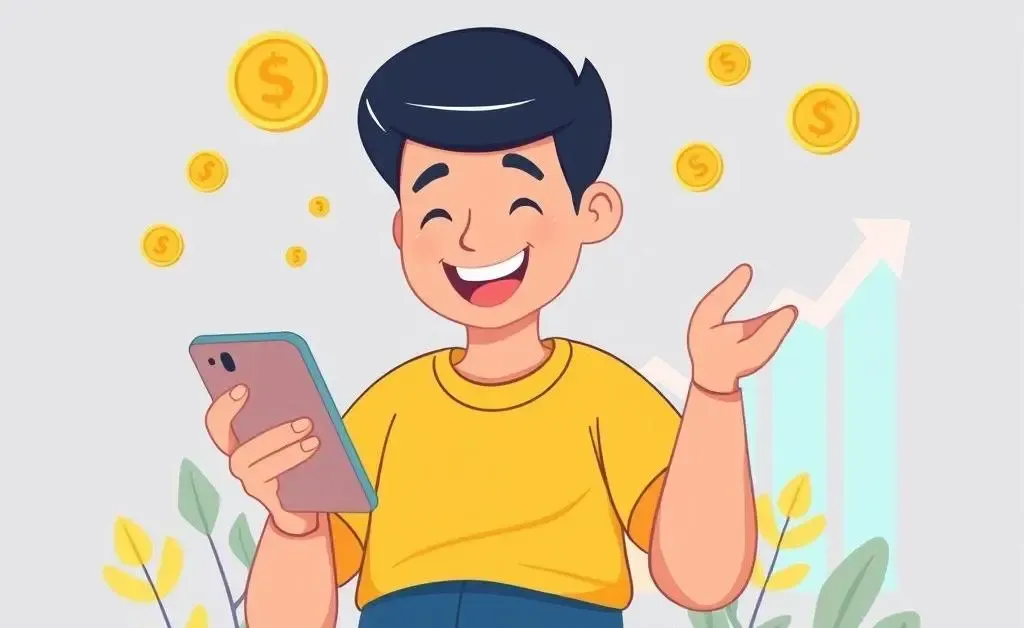 Person using an investment app on a smartphone with stock charts in the background