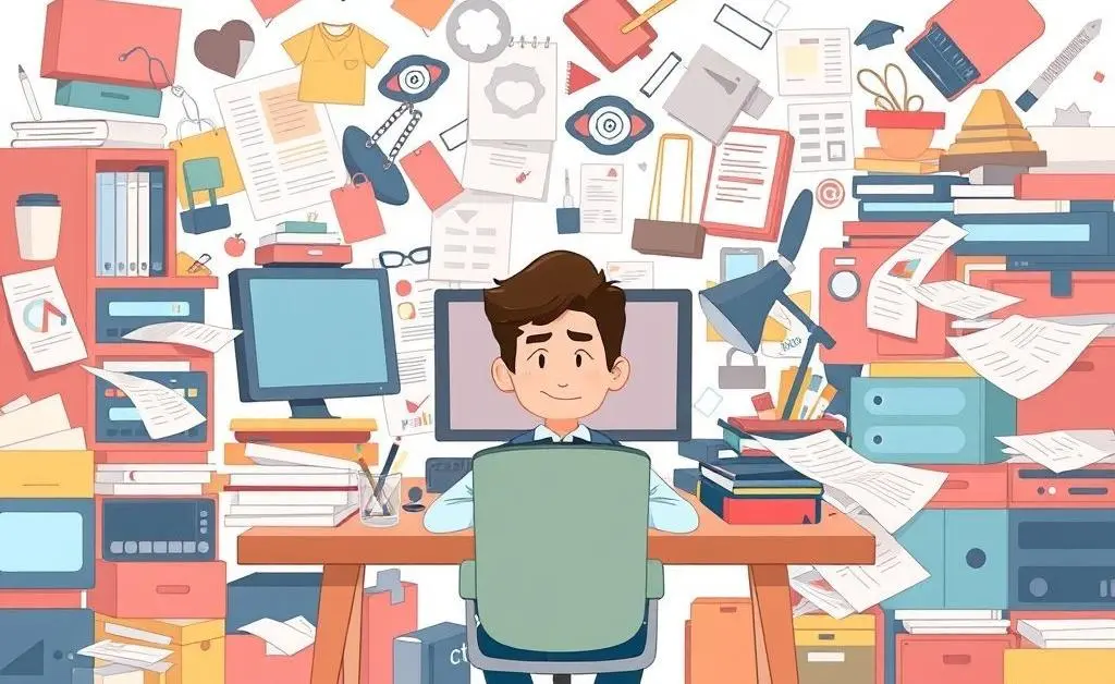 Person at a cluttered desk struggling to focus