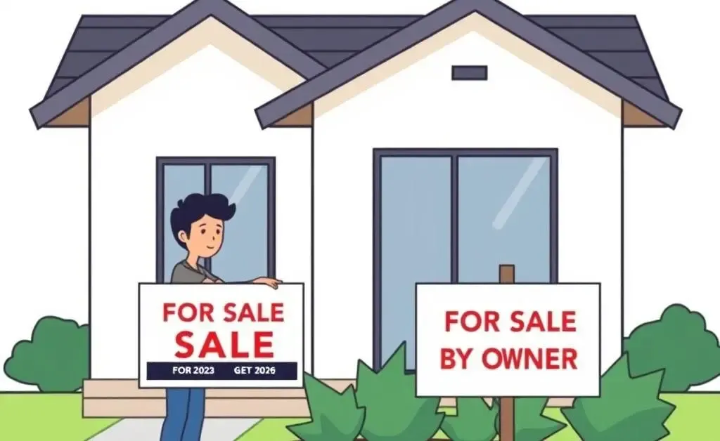Person placing a For Sale By Owner sign in front of their house
