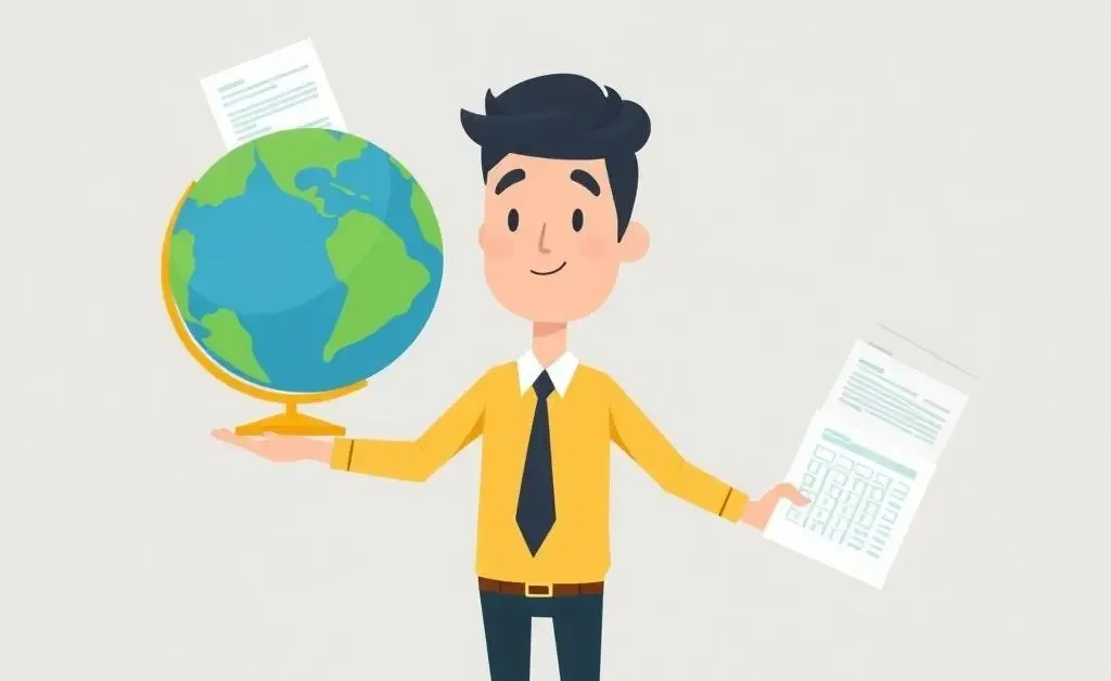 Person balancing a globe and tax documents in a cartoon style