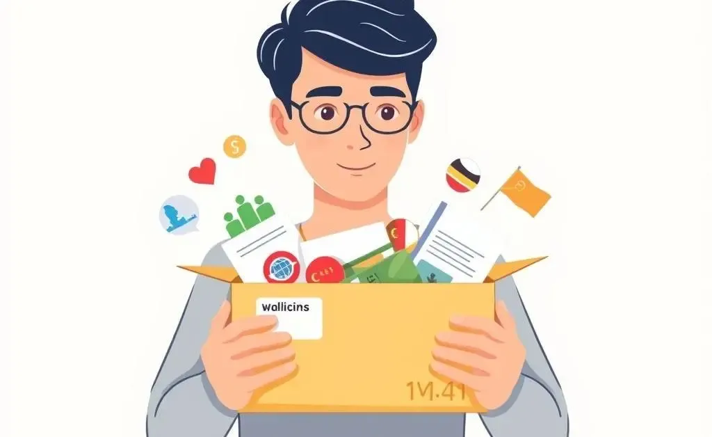 Illustration of a package with global currency symbols