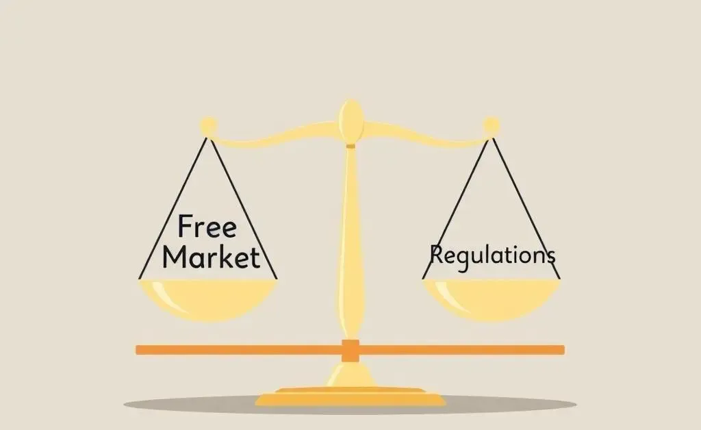 Illustration of a scale balancing free market and regulations