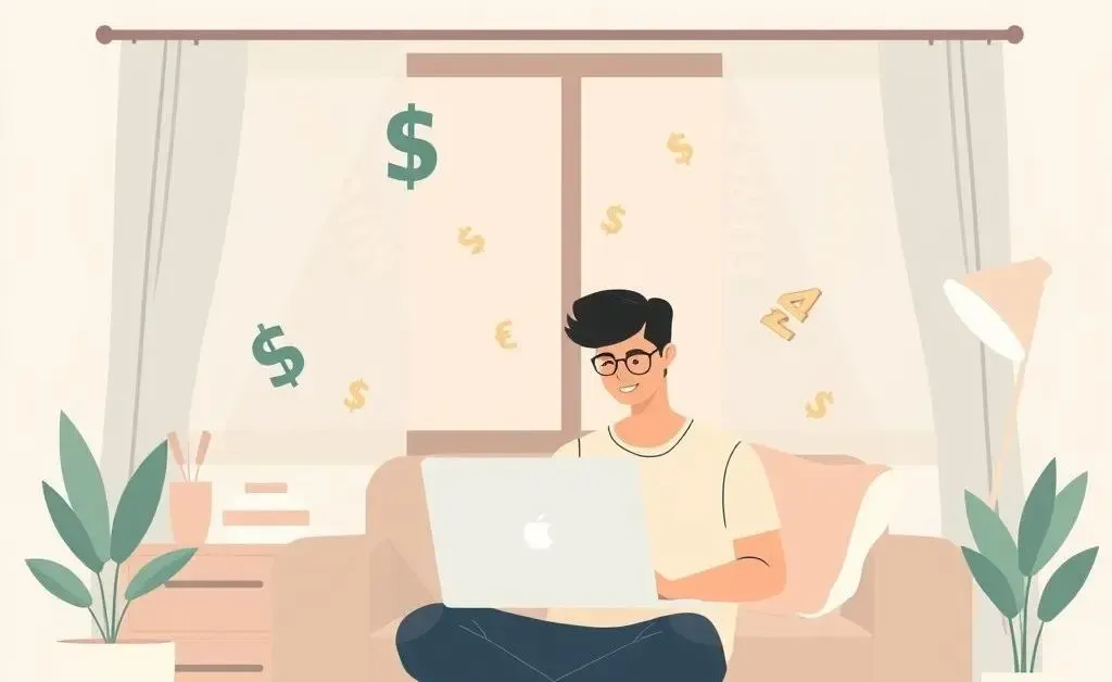 A freelancer at their desk with currency symbols floating around