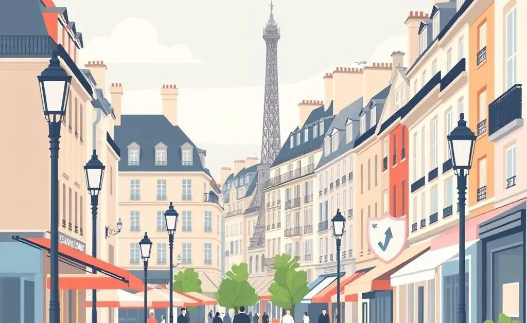 A cartoon of a French street with life insurance symbolism