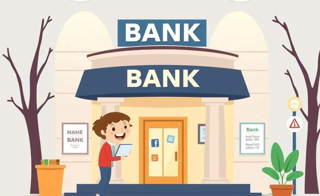 A welcoming bank scene with a cartoon-style aesthetic