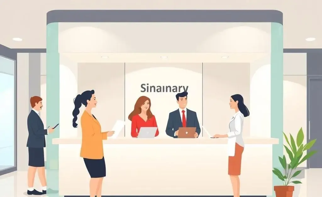 Illustration of people discussing finances at a modern bank counter