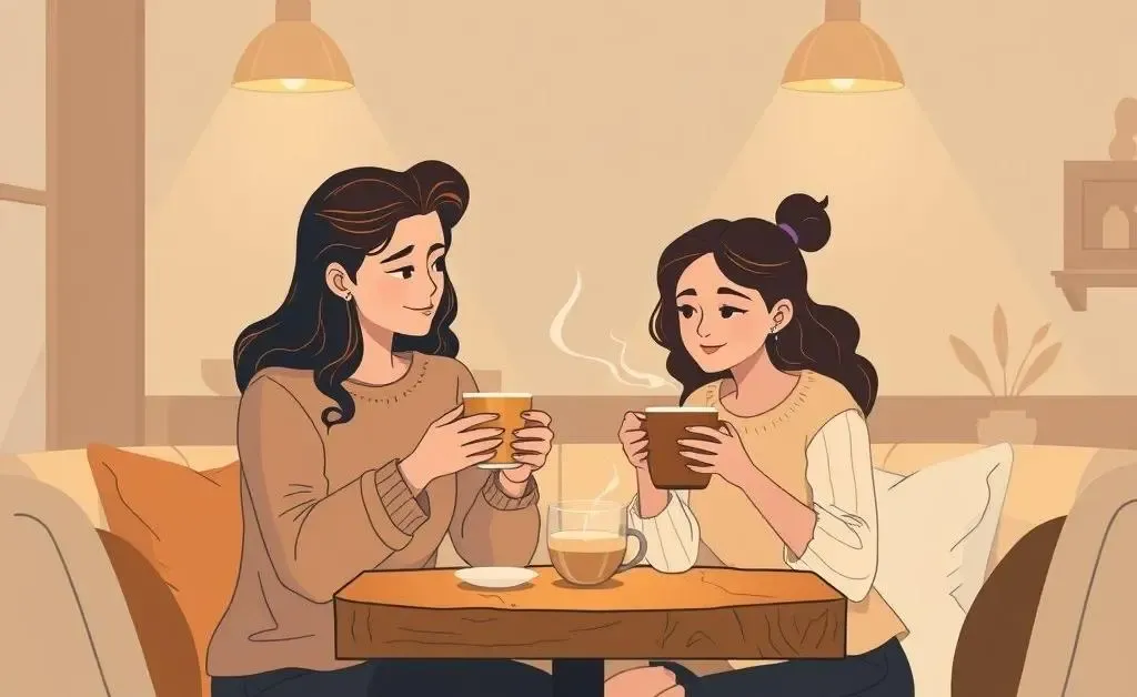 Two friends with different drinks in a cozy cafe setting