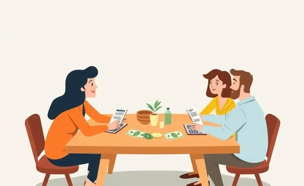 Illustration of friends discussing financial decisions over a table.