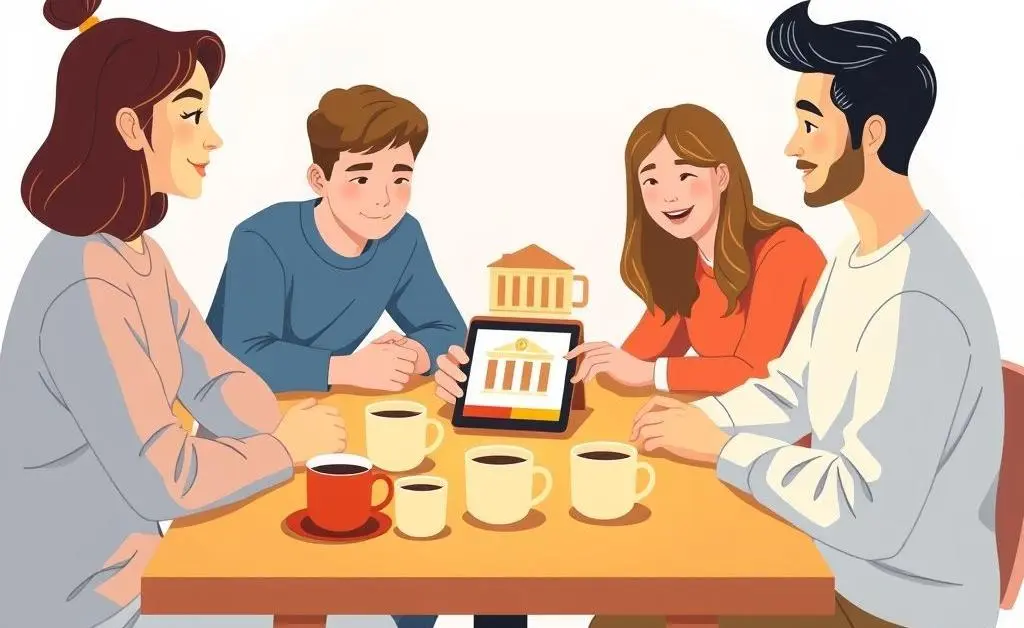 Friends discussing money transfers over coffee