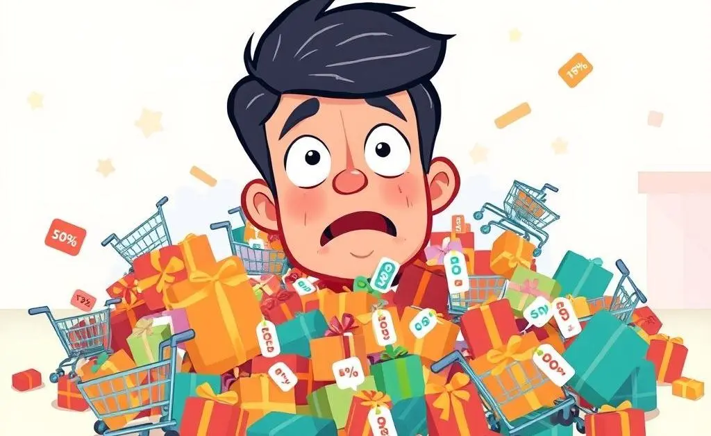 A comical illustration of a person surrounded by tiny shopping items and receipts