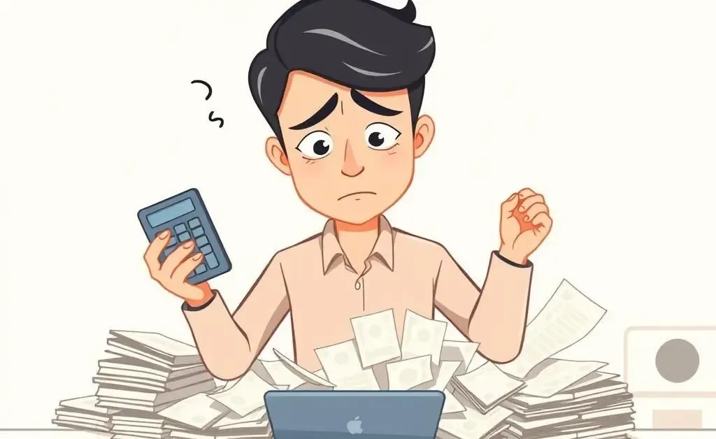 Cartoon of a person overwhelmed by financial calculations