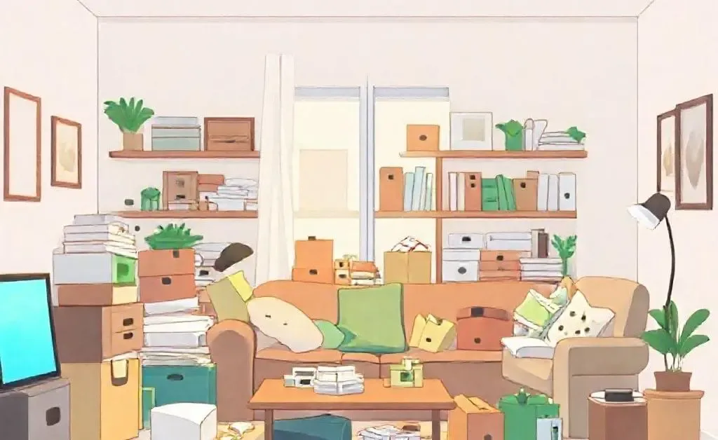 A cartoon home bursting with unopened online shopping packages.
