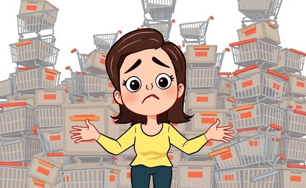 A woman surrounded by overloaded shopping carts and receipts
