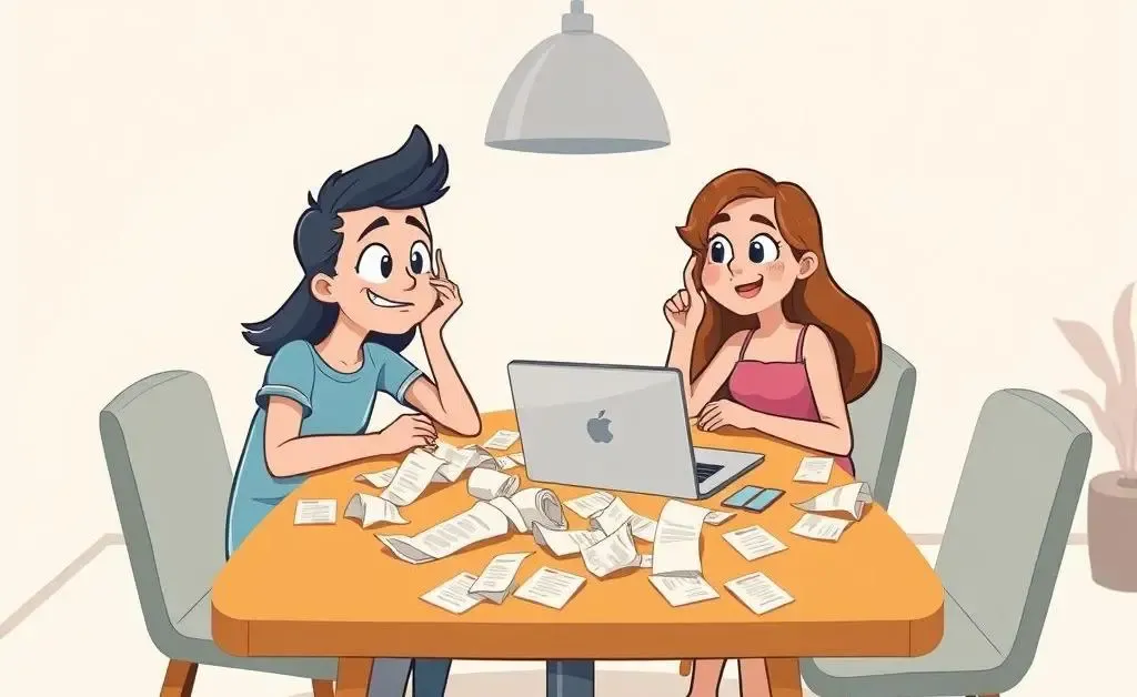 Two friends puzzled over a table full of receipts and a laptop