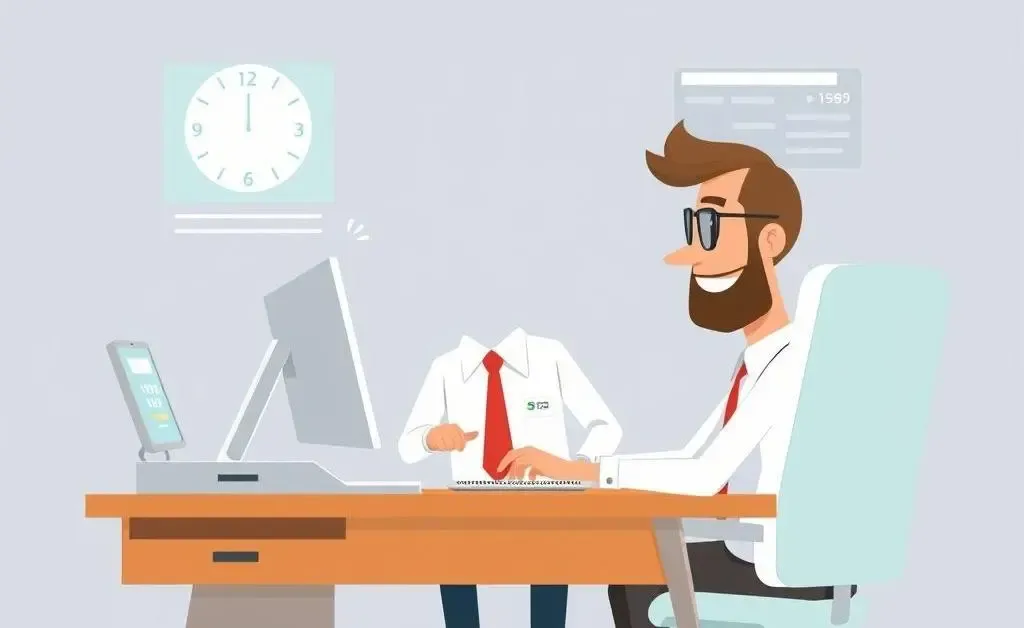 An insurance agent at a desk interacting with futuristic technology