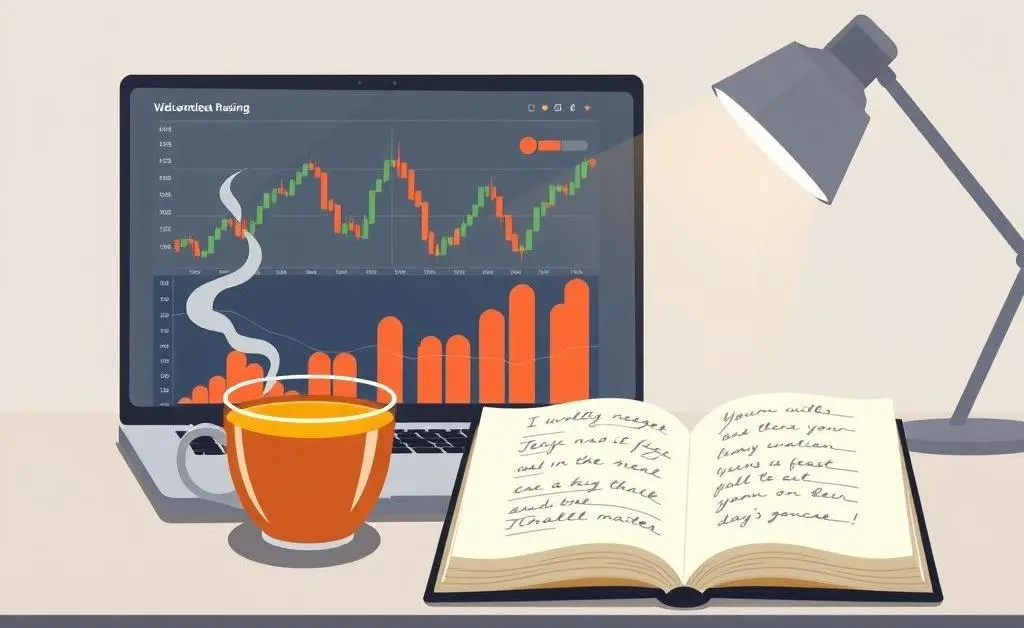 An inviting workspace with a laptop displaying stock charts and a cup of tea.