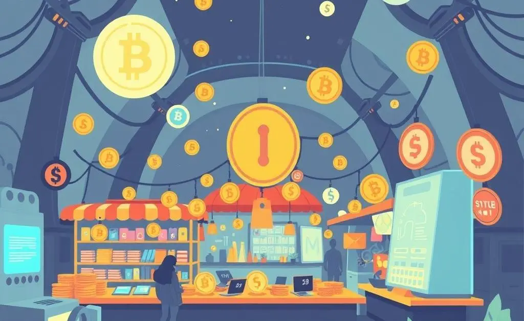 Illustration of a futuristic crypto marketplace.