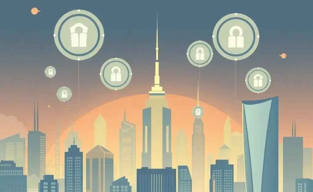 A digital illustration of a futuristic city with insurance icons hovering.