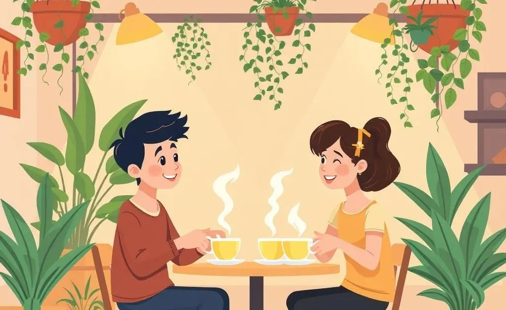 Two people having a warm conversation in a cozy cafe.