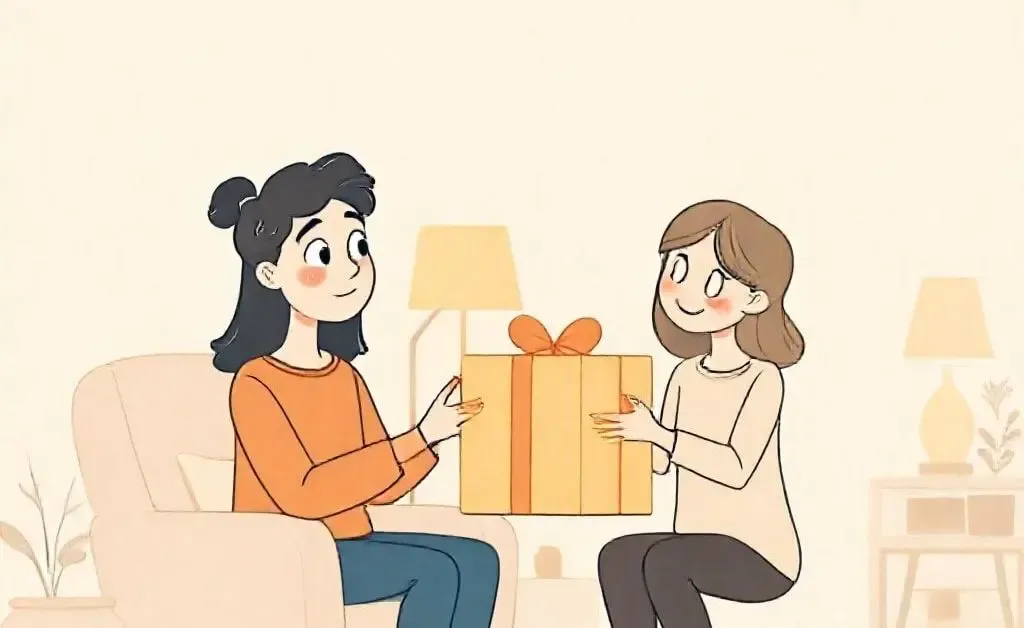 Two friends exchanging a large gift with puzzled expressions