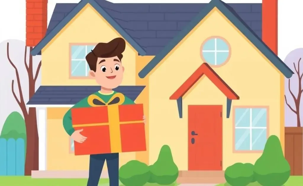 Cartoon of a person with a gift box next to a house