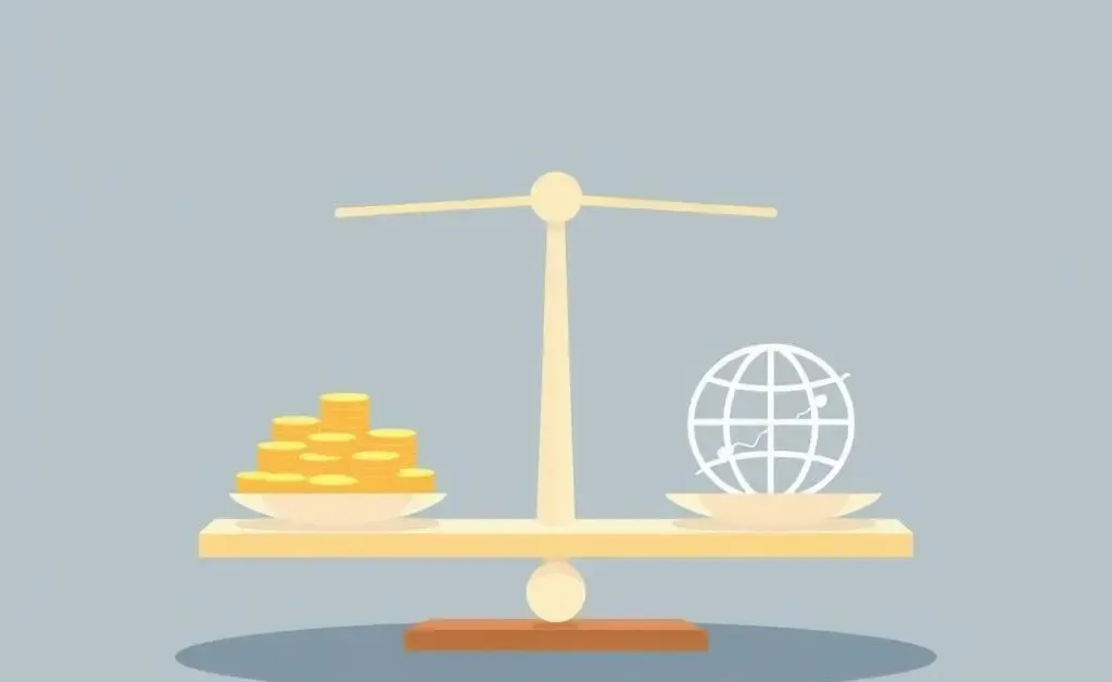 A scale balancing the globe and a pile of money, representing tariffs impact.