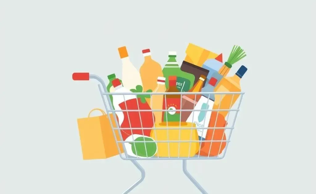 Illustrated grocery cart filled with various imported products.