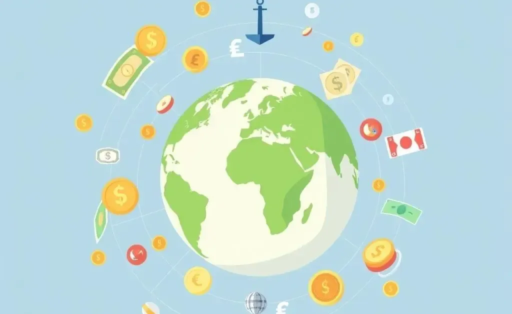 A globe with various currencies circulating, depicting global investing