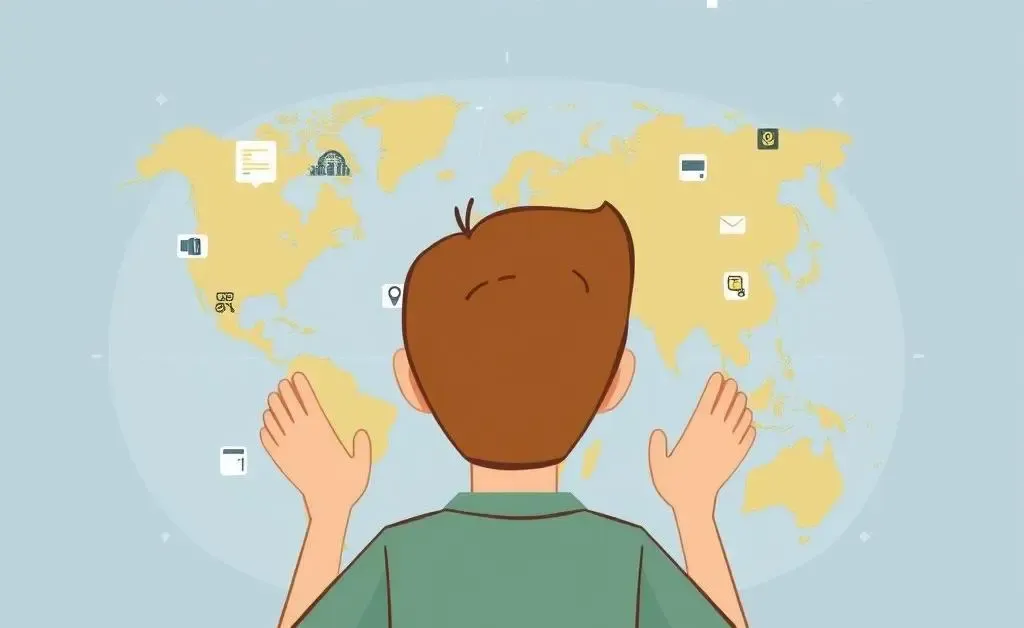A person examining a world map with technology icons, symbolizing technology trade insights.