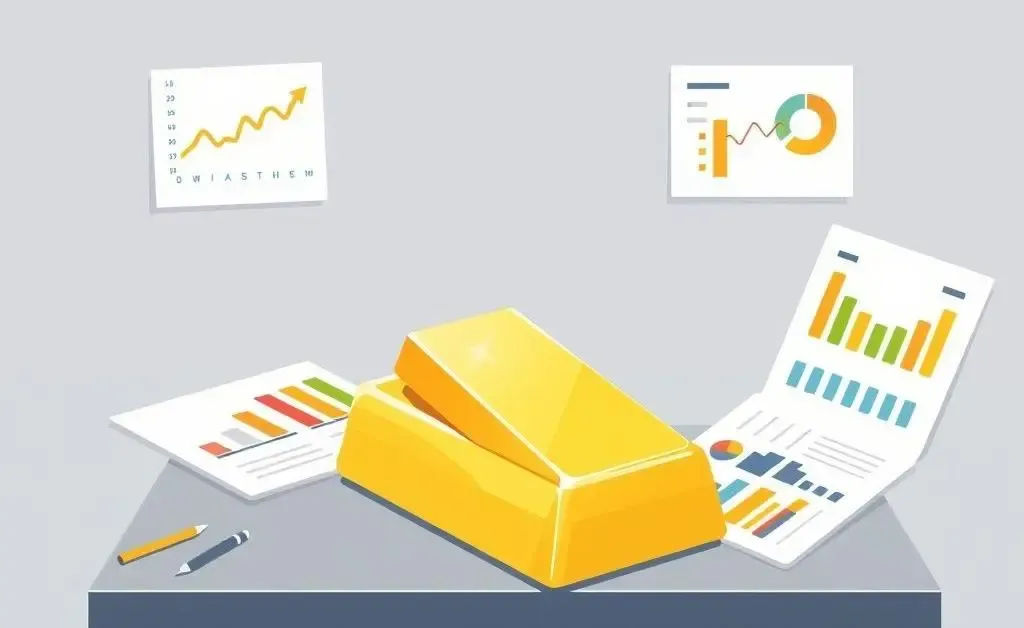 A cartoon-style gold bar on a desk with investment charts.