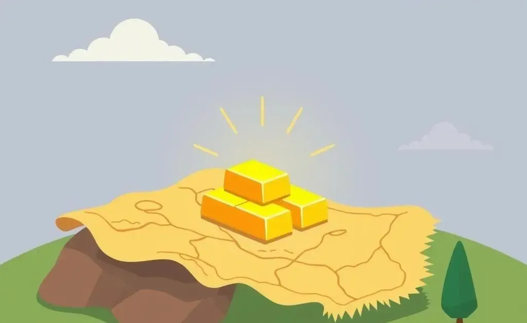 Cartoon image of gold bars shining on a treasure map.