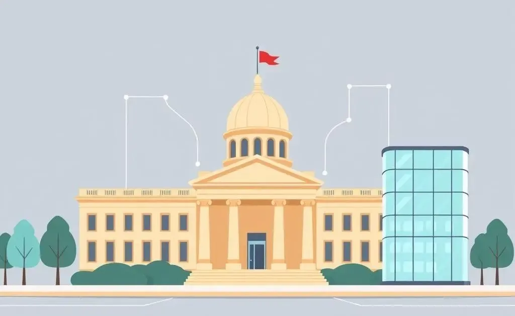 Government building connected digitally to a tech company