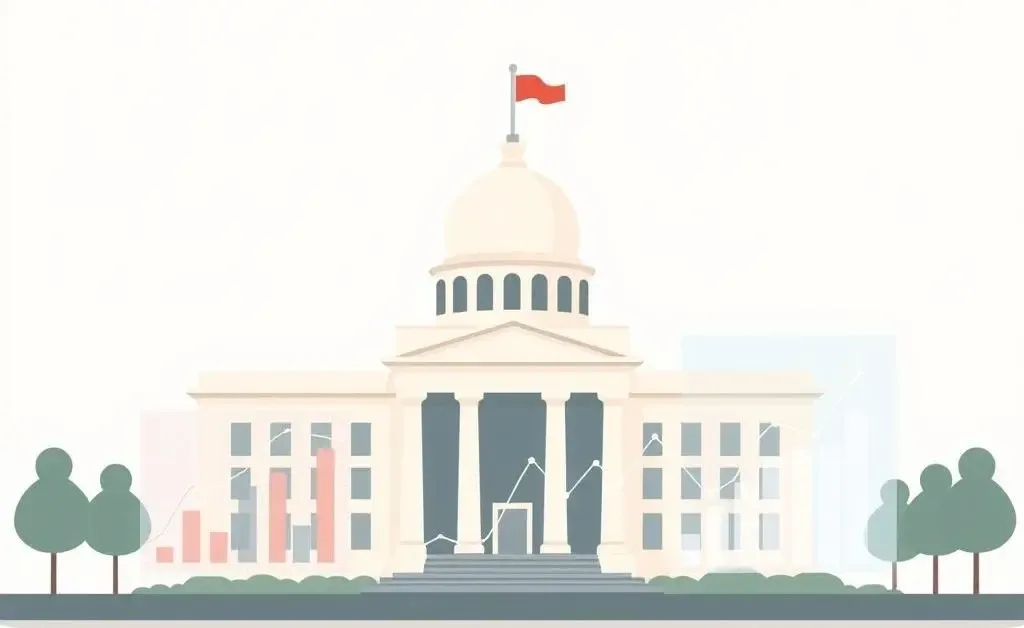 Government building with financial charts overlayed.