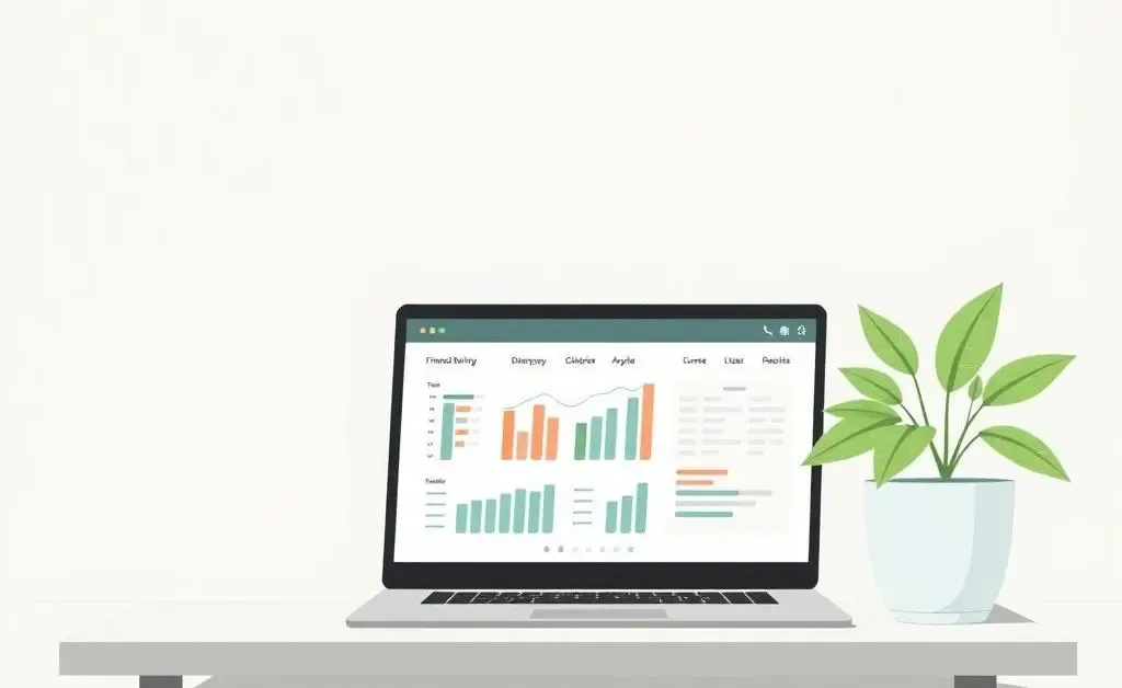 A cozy home office with a financial planner on a laptop screen
