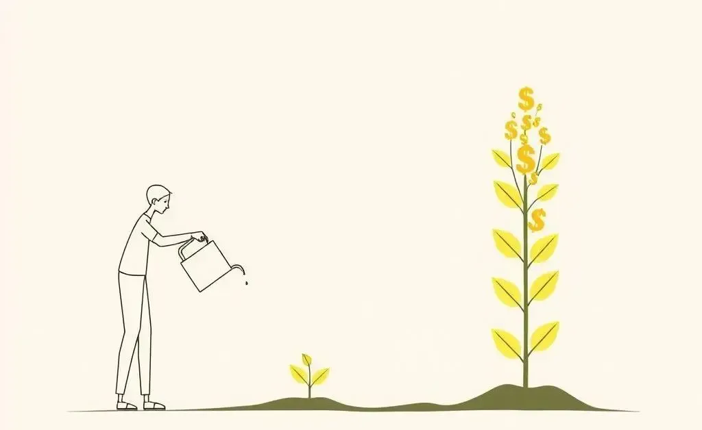 Person watering a plant growing into money leaves symbolizing dividend growth.