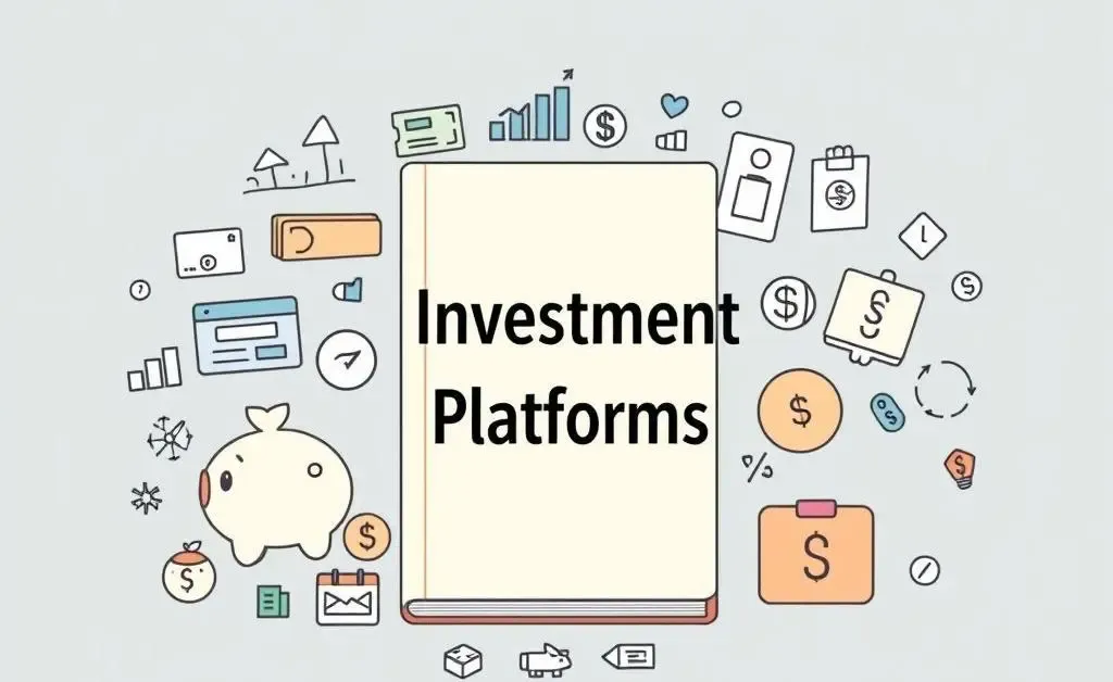 Illustrated guidebook titled 'Investment Platforms' with financial symbols around it