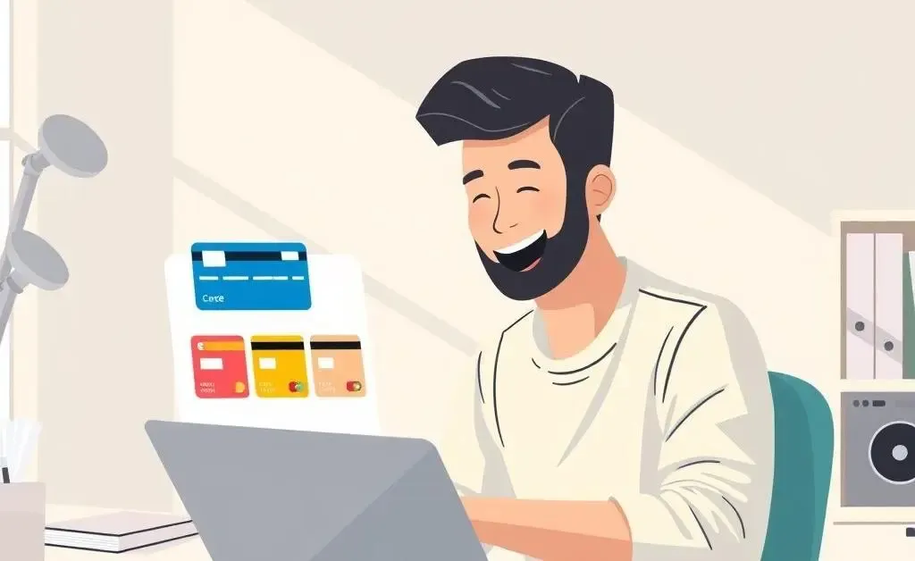 A person browsing credit card options online with a smile.