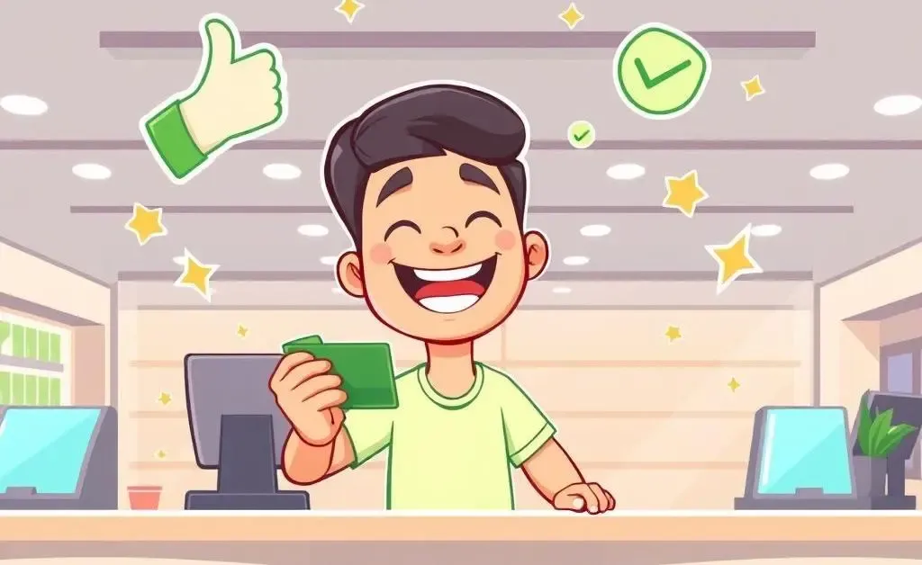 Person joyfully using a credit card at a store counter