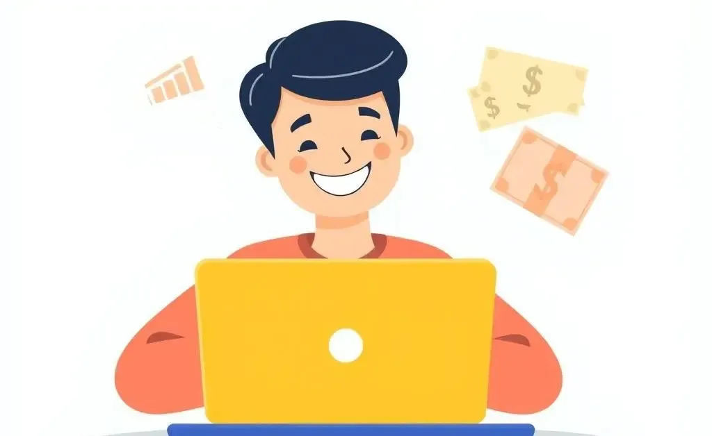 A cheerful person managing credit scores on a laptop