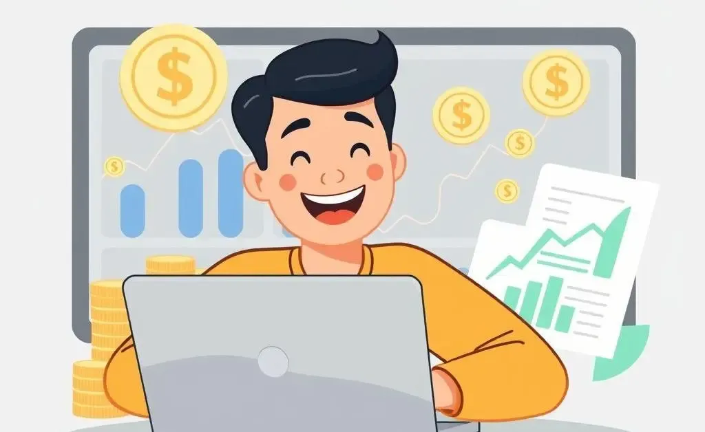 A smiling person looking at their dividend portfolio on a laptop.