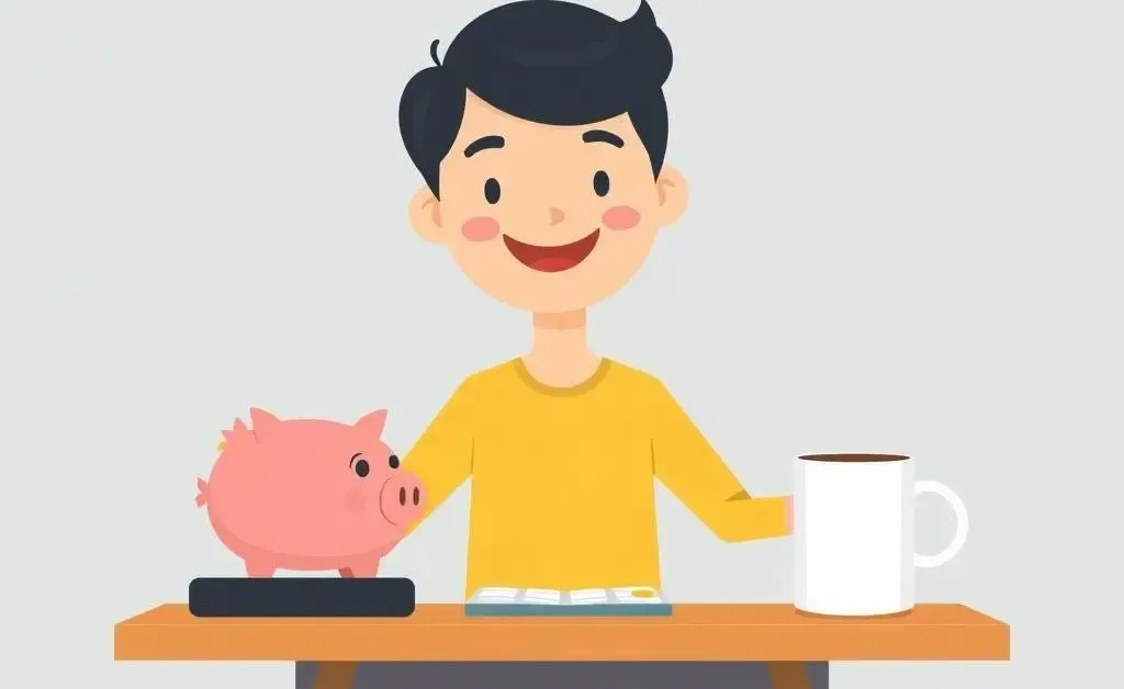 A cartoon image of a person managing finances with a piggy bank, calculator, and coffee.